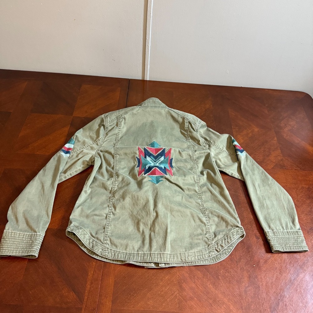 Khaki Utility Jacket Embroidered Aztec Boho Western Military Style Women M